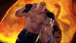 Rule 34 | 2boys, abs, arm around shoulder, bara, bare pectorals, beard, blonde hair, burnt, character request, denim, embers, facial hair, fire, gyee, highres, jeans, large pectorals, male focus, mazjojo, medium hair, multiple boys, muscular, muscular male, navel, nipples, official art, open clothes, open shirt, pants, pectorals, peter (gyee), stomach, topless male, torn clothes, torn pants