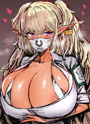 Rule 34 | 1girl, absurdres, animal print, areola slip, barcode, blonde hair, blush, breasts, brown background, commentary request, cow print, dark-skinned female, dark elf, dark elven forest ranger, dark skin, ear tag, elf, gloves, gyaru, highres, huge breasts, kogal, last origin, long hair, mask, mouth mask, pointy ears, purple eyes, simple background, solo, soystar, steaming body, surgical mask, sweat, nervous sweating, two side up