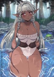 1girl aqua_hair braid breasts cleavage curvy dark-skinned_female dark_elf dark_skin elf faenatical highres large_breasts leotard long_hair partially_submerged pointy_ears red_eyes rosalinde_(unicorn_overlord) smile strapless unicorn_overlord very_dark_skin very_long_hair wet