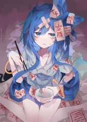 Rule 34 | 1girl, absurdres, bangle, bare legs, blue bow, blue eyes, blue hair, blue skirt, blush, bow, bowl, bracelet, breasts, chopsticks, cleavage, collarbone, damaged, debt, drawstring, grey shirt, hair bow, highres, holding, jewelry, long hair, looking at viewer, looking up, shirt, sitting, skirt, stuffed animal, stuffed cat, stuffed toy, sweatdrop, touhou, umemaro (siona0908), wariza, yorigami shion
