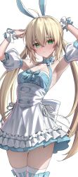 Rule 34 | 1girl, absurdres, animal ears, apron, armpits, arms up, artoria caster (swimsuit) (fate), artoria caster (swimsuit) (second ascension) (fate), bare shoulders, blonde hair, blue dress, blush, breasts, cleavage, closed mouth, commentary request, detached sleeves, dress, fake animal ears, fate/grand order, fate (series), frilled apron, frills, green eyes, hair between eyes, highres, kawai ritsu (rits meg), long hair, looking at viewer, maid apron, medium breasts, puffy sleeves, rabbit ears, simple background, sleeveless, sleeveless dress, solo, sweat, thighhighs, twintails, waist apron, white background, white thighhighs, wrist cuffs, zettai ryouiki