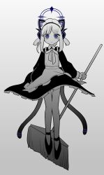 Rule 34 | 1girl, ao (blue archive), apron, blue archive, blue eyes, blue halo, cat tail, closed mouth, dress, full body, gradient background, halo, highres, long sleeves, looking at viewer, maid, maid apron, maid headdress, multiple tails, okashi (0kashl poke), ringed eyes, shoes, short hair, solo, spot color, tail, two tails