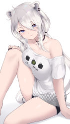 Rule 34 | 1girl, animal ears, arm support, bare legs, black choker, black nails, black shorts, blue eyes, breasts, cait aron, choker, closed mouth, clothes writing, cutoffs, ear piercing, hair between eyes, hand on own knee, highres, hololive, knee up, large breasts, lion ears, long hair, looking at viewer, nail polish, piercing, shirt, shishiro botan, shishiro botan (casual), short shorts, short sleeves, shorts, sidelocks, simple background, single bare shoulder, smile, solo, thighs, virtual youtuber, white background, white hair, white shirt