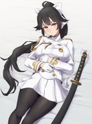 Rule 34 | 1girl, absurdres, azur lane, black hair, bow, breasts, brown eyes, commentary request, extra ears, feet out of frame, hair bow, hair flaps, highres, jacket, katana, large breasts, long hair, military jacket, military uniform, pleated skirt, ponytail, ribbon, sheath, sheathed, siratori (yy 203), skirt, solo, sword, takao (azur lane), two-tone leotard, uniform, weapon, white bow, white jacket, white ribbon, white skirt