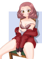 Rule 34 | 1girl, :o, absurdres, bow, bow bra, bra, breasts, brown eyes, camisole, camisole pull, clothes pull, commentary, frown, girls und panzer, grey camisole, helmet002, highres, jacket, jacket pull, leaning back, long sleeves, looking at viewer, medium hair, no pants, on chair, open mouth, panties, red bra, red hair, red jacket, rosehip (girls und panzer), shadow, sitting, small breasts, solo, st. gloriana&#039;s military uniform, strap slip, underwear, wooden chair