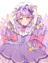Rule 34 | 1girl, arms up, blue choker, bow, brown eyes, choker, commentary request, cure coral, facial mark, hair bow, hat, heart, heart facial mark, heart tattoo, highres, kaki s, long hair, looking at viewer, magical girl, precure, purple hair, purple skirt, red bow, skirt, smile, solo, suzumura sango, tattoo, tropical-rouge! precure, twitter username, very long hair, white hat, wrist cuffs, yellow bow, yellow eyes