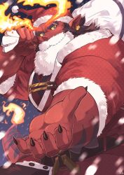 Rule 34 | 1boy, astar (live a hero), bara, beckoning, christmas, colored skin, demon boy, fake beard, fake facial hair, fiery horns, fingernails, flame-tipped tail, foreshortening, forked eyebrows, fur-trimmed headwear, fur trim, hat, highres, horns, huge eyebrows, large pectorals, live a hero, looking at viewer, male focus, mature male, muscular, muscular male, mutton chops, ogre, outstretched hand, pectoral cleavage, pectorals, pointy ears, reaching, reaching towards viewer, red skin, sack, santa costume, santa hat, sawch cls, sharp fingernails, snowing, solo, square head, streaked beard