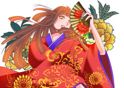 Rule 34 | 1girl, brown hair, chrysanthemum, floating hair, floral print, flower, hand fan, holding, holding fan, japanese clothes, kimono, leaf, long hair, looking afar, nicoleezawa, original, parted lips, red kimono, solo, upper body, wide sleeves, yellow eyes