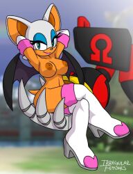 Rule 34 | 1girl, armpits, arms behind head, ass, boots, breasts, crossed legs, e-123 omega, elbow gloves, gloves, inverted nipples, irregular fetishes, knee boot, large breasts, legs, navel, nude, rouge the bat, seductive smile, sega, smile, sonic (series), thighs