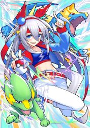 Rule 34 | 1girl, animal ears, belt, blue eyes, claws, creatures (company), crop top, crossover, ear covers, electrike, fang, fangs, fingerless gloves, game freak, gen 3 pokemon, gloves, grey hair, hair between eyes, hairband, headband, highres, holding, holding poke ball, horse ears, horse girl, index finger raised, jacket, long hair, looking at viewer, manectric, nabe puyo, nintendo, open clothes, open jacket, open mouth, pants, poke ball, pokemon, pokemon (creature), red legwear, skin fang, sparkle, tamamo cross (umamusume), umamusume, very long hair, white gloves, white pants