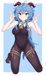 Rule 34 | 1girl, absurdres, ahoge, armpits, bare arms, bare shoulders, bell, black pantyhose, blue hair, breasts, covered erect nipples, covered navel, cowbell, detached collar, double v, ganyu (genshin impact), genshin impact, goat horns, groin, hands up, highres, horns, kurigura (sketch san), leotard, long hair, looking at viewer, low ponytail, medium breasts, no shoes, pantyhose, red eyes, smile, solo, thighlet, thighs, v, very long hair