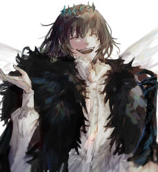 Rule 34 | 1boy, arthropod boy, cape, closed eyes, collared shirt, crown, diamond hairband, dragonfly wings, fate/grand order, fate (series), fur-trimmed cape, fur trim, grey hair, highres, insect wings, long sleeves, male focus, medium hair, oberon (fate), oberon (third ascension) (fate), shirt, simple background, smile, solo, upper body, white background, white shirt, wings, y! (y83 oishi)