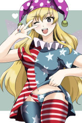 Rule 34 | 1girl, ;d, alternate legwear, american flag dress, american flag legwear, american flag panties, american flag print, bad id, bad pixiv id, blonde hair, blue background, blush, breasts, circle, clothes lift, clownpiece, cowboy shot, dress, dress lift, eyebrows, fingernails, flag print, flashing, frilled shirt collar, frills, hand up, hat, heart, jester cap, letterboxed, long hair, looking at viewer, lowleg, lowleg panties, nail art, nail polish, neck ruff, neko nami83, one eye closed, open mouth, panties, print dress, print panties, print thighhighs, purple eyes, round teeth, shirt lift, short dress, short sleeves, simple background, smile, solo, star (symbol), star print, striped clothes, striped dress, striped panties, striped thighhighs, teeth, thighhighs, thighs, tongue, touhou, triangle, underwear, v over eye, very long hair, w