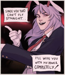 Rule 34 | 1girl, animal ears, black jacket, cincidious, commentary, crescent, crescent pin, english commentary, english text, gloves, highres, jacket, necktie, open mouth, purple hair, rabbit ears, red eyes, red necktie, reisen udongein inaba, smile, solo, touhou, upper body, white gloves