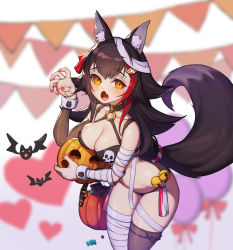 Rule 34 | 1girl, absurdres, animal ear fluff, animal ears, balloon, bandaged arm, bandaged head, bandaged leg, bandages, bat (animal), bell, bent over, bikini, black bikini, black hair, black thighhighs, blurry, blurry background, blush, breasts, candy, cleavage, collarbone, decorations, detached sleeves, fang, food, halloween, halloween bucket, heart, hellk111, highres, holding, holding food, holding pumpkin, holding vegetable, hololive, jack-o&#039;-lantern, jingle bell, large breasts, long hair, looking at viewer, multicolored hair, multiple straps, nail polish, o-ring, o-ring bikini, ookami mio, open mouth, paw pose, pumpkin, red hair, red nails, skull print, solo, streaked hair, swimsuit, tail, tassel, thighhighs, two-tone legwear, vegetable, very long hair, virtual youtuber, wolf ears, wolf girl, wolf tail, yellow eyes