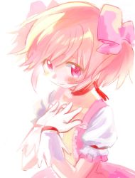 Rule 34 | 1girl, blush, center frills, choker, collarbone, frilled sleeves, frills, gloves, hair ribbon, hands on own chest, hands up, happy, head down, highres, kaname madoka, looking at viewer, magical girl, mahou shoujo madoka magica, mahou shoujo madoka magica (anime), no+bi=, no nose, pale color, parted lips, pastel colors, pink eyes, pink hair, pink ribbon, pink theme, puffy short sleeves, puffy sleeves, red choker, ribbon, short sleeves, short twintails, sidelighting, simple background, smile, solo, tareme, twintails, upper body, white background, white gloves