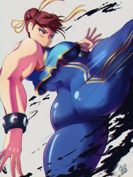 Rule 34 | 1girl, ass, bare shoulders, benbeau, blue bodysuit, bodysuit, bracelet, breasts, brown eyes, brown hair, capcom, chun-li, closed mouth, cowboy shot, double bun, from behind, grey background, hair bun, hair ribbon, highres, jewelry, kicking, large breasts, leg up, matching hair/eyes, ribbon, shiny clothes, shiny skin, simple background, sleeveless, solo, street fighter, vest