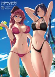 Rule 34 | 2girls, absurdres, armpits, arms behind head, arms up, asami lilith, bare shoulders, beach, beret, bikini, black bikini, black hair, blue eyes, blue sky, blush, braid, breasts, choker, cleavage, cloud, collarbone, commentary, cover, cover page, covered erect nipples, day, fudou akio (trinity seven), groin, hair between eyes, halterneck, hat, highleg, highleg bikini, highres, holding, holding water gun, large breasts, long hair, looking at viewer, multiple girls, nao akinari, navel, one eye closed, open mouth, outdoors, palm tree, ponytail, red bikini, red hair, side braid, sidelocks, skindentation, sky, smile, stomach, swimsuit, tree, trinity seven, tying hair, water gun