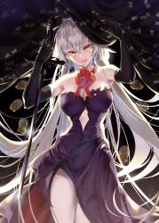 Rule 34 | 1girl, arms up, backlighting, bad id, bad twitter id, bare shoulders, black gloves, covered navel, cowboy shot, curtains, dress, elbow gloves, fate/grand order, fate (series), flower, gloves, highres, jeanne d&#039;arc (fate), jeanne d&#039;arc alter (avenger) (fate), jeanne d&#039;arc alter (fate), light particles, long hair, looking at viewer, official alternate costume, parted lips, purple dress, side slit, silver hair, smile, solo, sword, tsurukame, very long hair, weapon, yellow eyes