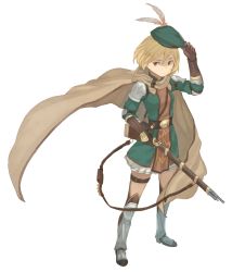 Rule 34 | 10s, antique firearm, armor, armored boots, belt, blonde hair, boots, cape, djeeta (granblue fantasy), dress, elbow pads, feathers, firearm, gloves, granblue fantasy, gun, hat, holding, holding weapon, knee boots, peroncho, pouch, short hair, shoulder pads, solo, weapon, white background