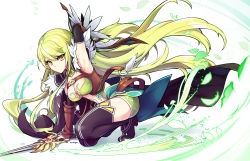 Rule 34 | 1girl, absurdly long hair, arm up, bad id, bad pixiv id, black footwear, black gloves, black thighhighs, boots, bow, breasts, cleavage, detached sleeves, elbow gloves, elsword, floating hair, full body, gloves, green hair, green skirt, hair bow, high heel boots, high heels, highres, holding, holding sword, holding weapon, icedango (dpopic3), lena (elsword), long hair, looking at viewer, medium breasts, midriff, miniskirt, navel, night watcher (elsword), one eye closed, rena erindel, skirt, solo, sword, thigh boots, thighhighs, very long hair, weapon, yellow eyes