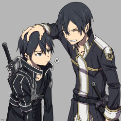 Rule 34 | 2boys, age comparison, aged up, annoyed, black eyes, black hair, dual persona, closed eyes, headpat, highres, kirito, male focus, multiple boys, short hair, simple background, smile, speech bubble, spoken squiggle, squiggle, suzu., sword art online, time paradox, upper body