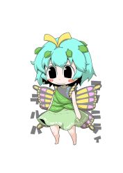 Rule 34 | 1girl, antennae, aqua hair, barefoot, black eyes, blush, blush stickers, butterfly wings, character name, closed mouth, dress, eternity larva, fairy, full body, green dress, hair between eyes, insect wings, leaf, leaf on head, multicolored clothes, multicolored dress, short hair, short sleeves, simple background, single strap, smile, solo, touhou, white background, wings, zannen na hito