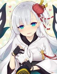 Rule 34 | 1girl, azur lane, black gloves, blue eyes, blush, grabbing another&#039;s breast, commentary request, gloves, grabbing, guided breast grab, guiding hand, hair ornament, heart, heart-shaped pupils, holding another&#039;s wrist, holding hands, japanese clothes, long hair, looking at viewer, minamura haruki, mole, mole under eye, one side up, parted lips, partially fingerless gloves, pov, pov hands, shide, shoukaku (azur lane), smile, solo focus, spoken heart, symbol-shaped pupils, white background, white gloves, wide sleeves