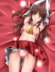 Rule 34 | 1girl, arms up, bad id, bad pixiv id, blush, breasts, brown eyes, brown hair, clothes lift, detached sleeves, female focus, hakurei reimu, japanese clothes, lying, miko, nipples, no panties, on back, open mouth, pussy, skirt, skirt lift, solo, touhou, uncensored, uron-rei