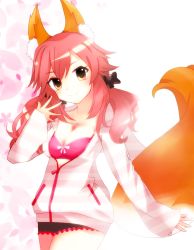 Rule 34 | 10s, 1girl, animal ears, blush, breasts, casual, cleavage, fate/extra, fate (series), fox ears, fox tail, hair ornament, long hair, looking at viewer, official alternate costume, open clothes, open shirt, pink hair, shirt, smile, solo, standing, tail, tamamo no mae (fate/extra), tamamo no mae (spring casual) (fate), twintails, yellow eyes