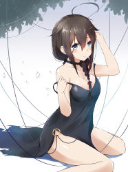 Rule 34 | 10s, 1girl, absurdres, ahoge, alternate costume, bare shoulders, blue dress, blue eyes, blush, braid, breasts, brown hair, cleavage, collarbone, dress, hair between eyes, hair flaps, hair over shoulder, hair ribbon, highres, kantai collection, long hair, looking at viewer, medium breasts, o-ring, ribbon, saku (kudrove), shigure (kancolle), shigure kai ni (kancolle), side slit, single braid, sitting, solo, strap slip, thighs, torn clothes, torn dress, tress ribbon, wavy mouth