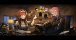 Rule 34 | 2girls, absurdres, beer mug, blurry, blurry background, book, braid, chair, closed eyes, commentary, cup, dice, english commentary, english text, hairband, highres, hololive, hololive english, index finger raised, j-chad, letterboxed, long hair, long sleeves, low twin braids, mori calliope, mug, multiple girls, neck ribbon, open mouth, orange hair, pink hair, profanity, purple eyes, ribbon, sitting, takanashi kiara, takanashi kiara (casual), twin braids, virtual youtuber, vyragami, world of darkness