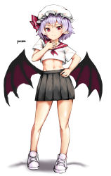 Rule 34 | 1girl, absurdres, alternate costume, artist name, bare legs, bat wings, black skirt, blush, commentary request, contemporary, crop top, full body, hand on own hip, hand up, hat, hat ribbon, highres, light purple hair, looking at viewer, midriff, miniskirt, mob cap, navel, pleated skirt, pointy ears, red eyes, red ribbon, red sailor collar, remilia scarlet, ribbon, sailor collar, school uniform, serafuku, shadow, shirt, shoes, short hair, short sleeves, simple background, skirt, smile, sneakers, solo, standing, stomach, thighs, touhou, white background, white footwear, white hat, white shirt, wings, yoonsemo