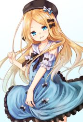 Rule 34 | 1girl, abigail williams (animejapan 2018) (fate), abigail williams (fate), baram, beret, black bow, black hat, blonde hair, blue background, blue dress, blue eyes, bow, commentary request, dress, fate/grand order, fate (series), frilled dress, frills, gradient background, hair bow, hat, head tilt, long hair, looking at viewer, official alternate costume, parted bangs, simple background, sleeveless, sleeveless dress, solo, very long hair, white background