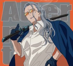 Rule 34 | 1boy, alter servant, blue gloves, blue jacket, border, cigarette, collared shirt, fate/grand order, fate (series), furrowed brow, gloves, grey background, grey hair, hair pulled back, hair strand, hand on own hip, highres, holding, holding sword, holding weapon, jacket, jacket on shoulders, katana, kimiruun, long hair, looking at viewer, male focus, open collar, orange-tinted eyewear, orange border, orange eyes, outside border, over shoulder, ponytail, saitou hajime (fate), shirt, smoke, smoking, solo, sword, teeth, tinted eyewear, weapon, weapon over shoulder, white shirt