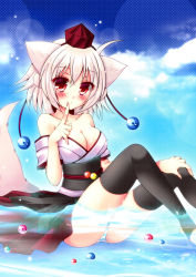 Rule 34 | 1girl, animal ears, bare shoulders, black thighhighs, blush, breasts, cleavage, finger to mouth, hat, inubashiri momiji, meiya neon, off shoulder, panties, partially submerged, red eyes, short hair, solo, stirrup legwear, striped clothes, striped panties, tail, thighhighs, toeless legwear, tokin hat, touhou, underwear, white hair, wolf ears, wolf tail