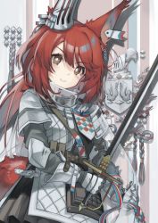 Rule 34 | 1girl, absurdres, animal ears, arknights, armor, brown hair, closed mouth, ear covers, flametail (arknights), gauntlets, highres, holding, holding sword, holding weapon, long hair, ponytail, red hair, semi colon, shoulder armor, smile, solo, squirrel ears, sword, upper body, weapon