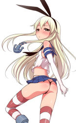 Rule 34 | 10s, 1girl, anchor, anchor hair ornament, ass, black panties, blonde hair, blush, elbow gloves, gloves, green eyes, hair ornament, hairband, highleg, highleg panties, kantai collection, kanya pyi, long hair, looking at viewer, panties, personification, shimakaze (kancolle), simple background, skirt, solo, striped clothes, striped thighhighs, thighhighs, thong, underwear, white background, white gloves