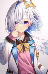 Rule 34 | 1girl, absurdres, amane kanata, amane kanata (1st costume), angel, angel wings, armband, blazer, blue hair, blue wings, bow, bowtie, brown shirt, commentary request, dress shirt, feathered wings, gradient wings, grey hair, halo, highres, hololive, jacket, long sleeves, looking at viewer, loose bowtie, multicolored hair, multicolored wings, open clothes, open jacket, pink sweater, pocket, purple eyes, school uniform, shirt, solo, star (symbol), star halo, streaked hair, sweater, sweater under jacket, tsukasa tsubasa, virtual youtuber, white jacket, white wings, wing collar, wings, yellow bow, yellow bowtie