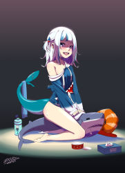 Rule 34 | 1girl, absurdres, akita kang, animal hood, ass, barefoot, blue eyes, blue hair, blue hoodie, blunt bangs, blush, clothes lift, cowgirl position, dated, drooling, fins, fish tail, gawr gura, gawr gura (1st costume), grey hair, highres, hololive, hololive english, hood, hoodie, hoodie lift, implied masturbation, long sleeves, looking at viewer, lotion bottle, medium hair, multicolored hair, no pants, open mouth, shark, shark girl, shark hood, shark tail, sharp teeth, signature, single bare shoulder, sleeves past wrists, smile, solo, straddling, streaked hair, stuffed animal, stuffed shark, stuffed toy, sweat, tail, teeth, tissue box, two side up, virtual youtuber