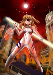 Rule 34 | 1boy, 1girl, artist request, bodysuit, breasts, brown hair, building, city, cowboy shot, death, the end of evangelion, evangelion: 3.0+1.0 thrice upon a time, floating hair, flying, giant, giantess, highres, holding, holding weapon, long hair, looking at viewer, mass production eva, multiple others, nagisa kaworu, navel, neon genesis evangelion, plugsuit, polearm, rebuild of evangelion, shiny clothes, simple background, skin tight, sky, solo, souryuu asuka langley, two side up, very long hair, weapon, what, white bodysuit, wide hips