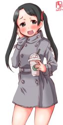 Rule 34 | 1girl, alternate costume, black hair, blush, buttons, commentary request, contrapposto, cowboy shot, dated, dress, drinking straw, forehead, grey dress, grey eyes, hand on own face, highres, kanon (kurogane knights), kantai collection, logo, long hair, looking at viewer, mikuma (kancolle), open mouth, simple background, smile, solo, standing, tumbler, twintails, white background