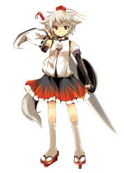 Rule 34 | 1girl, absurdres, animal ears, arm up, black skirt, detached sleeves, female focus, full body, geta, highres, inubashiri momiji, long sleeves, looking at viewer, maturiuta sorato, silver hair, skirt, solo, standing, sword, tabi, tail, touhou, transparent background, weapon, wolf ears, wolf tail