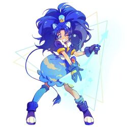 Rule 34 | animal ears, blue eyes, blue gloves, blue hair, blue skirt, bubble skirt, commentary, cure gelato, full body, fur trim, gloves, grin, guitar, high ponytail, highres, instrument, kirakira precure a la mode, lion ears, lion girl, lion tail, long hair, magical girl, one eye closed, precure, qianxia yell, skirt, smile, symbol-only commentary, tail, tategami aoi, wide ponytail