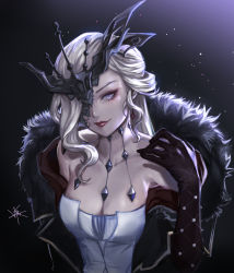 Rule 34 | 1girl, bare shoulders, black background, black gloves, blonde hair, breasts, cleavage, coat, collarbone, dress, elbow gloves, eyelashes, eyepatch, eyeshadow, fur-trimmed coat, fur trim, gem, genshin impact, gloves, hand on own chest, headpiece, highres, lace-trimmed eyepatch, large breasts, leather, leather gloves, light smile, lips, lipstick, long hair, looking at viewer, makeup, moonlight, night, off shoulder, one eye covered, open clothes, open coat, outdoors, purple eyes, red eyeshadow, ringlets, sidelocks, signature, signora (genshin impact), solo, strapless, strapless dress, studded gloves, tsurime, upper body, vallact, white dress
