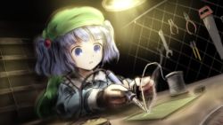 Rule 34 | 1girl, bad id, bad nicoseiga id, blue eyes, blue hair, hacksaw, hat, kawashiro nitori, matching hair/eyes, minust, pliers, saw, short hair, sketch, soldering iron, solo, touhou, two side up, wire, wrench