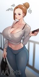 Rule 34 | 1girl, 5t (5t 000), absurdres, anger vein, bag, blue shirt, blurry, blurry background, breast tattoo, breasts, brown hair, cellphone, cleavage, cropped shirt, depth of field, fingernails, frown, hair bun, hand up, highres, holding, holding bag, holding phone, huge breasts, looking at viewer, midriff, nail polish, navel, original, parted lips, phone, pink nails, railing, red eyes, shirt, single hair bun, smartphone, solo, squiggle, standing, tattoo, thighs, timestamp, wireless earphones