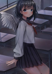Rule 34 | 1girl, :o, angel wings, black hair, black sailor collar, black skirt, blouse, blue eyes, blush, chair, classroom, commentary request, cowboy shot, crop top, desk, feathered wings, high-waist skirt, highres, indoors, long sleeves, looking at viewer, mini wings, mochi nabe, neckerchief, on desk, original, parted lips, pleated skirt, red neckerchief, sailor collar, school chair, school desk, school uniform, serafuku, shirt, short hair, sitting, on desk, skirt, solo, sweat, thighs, white shirt, window, wings