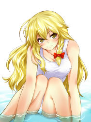 Rule 34 | 1girl, blonde hair, braid, breasts, female focus, highres, k2isu, kirisame marisa, long hair, naughty face, no headwear, no headwear, one-piece swimsuit, small breasts, solo, swimsuit, touhou, white one-piece swimsuit, yellow eyes