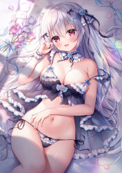 Rule 34 | 1girl, babydoll, bare arms, bare shoulders, black babydoll, black panties, breasts, cleavage, detached collar, fang, flower, frills, hair flower, hair ornament, hand on own stomach, hand up, large breasts, lingerie, long hair, looking at viewer, lying, mitsuba choco, navel, on back, open mouth, original, panties, red eyes, side-tie panties, smile, solo, spaghetti strap, stomach, strap slip, string panties, thighs, underwear, underwear only, very long hair, white hair, wrist cuffs